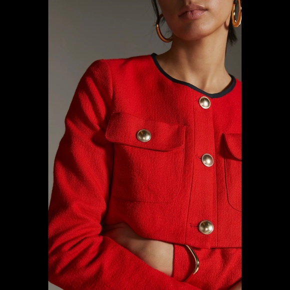 Anthropologie Red Maeve Cropped Shrunken Tweed Jacket Blazer - Picture 3 of 16